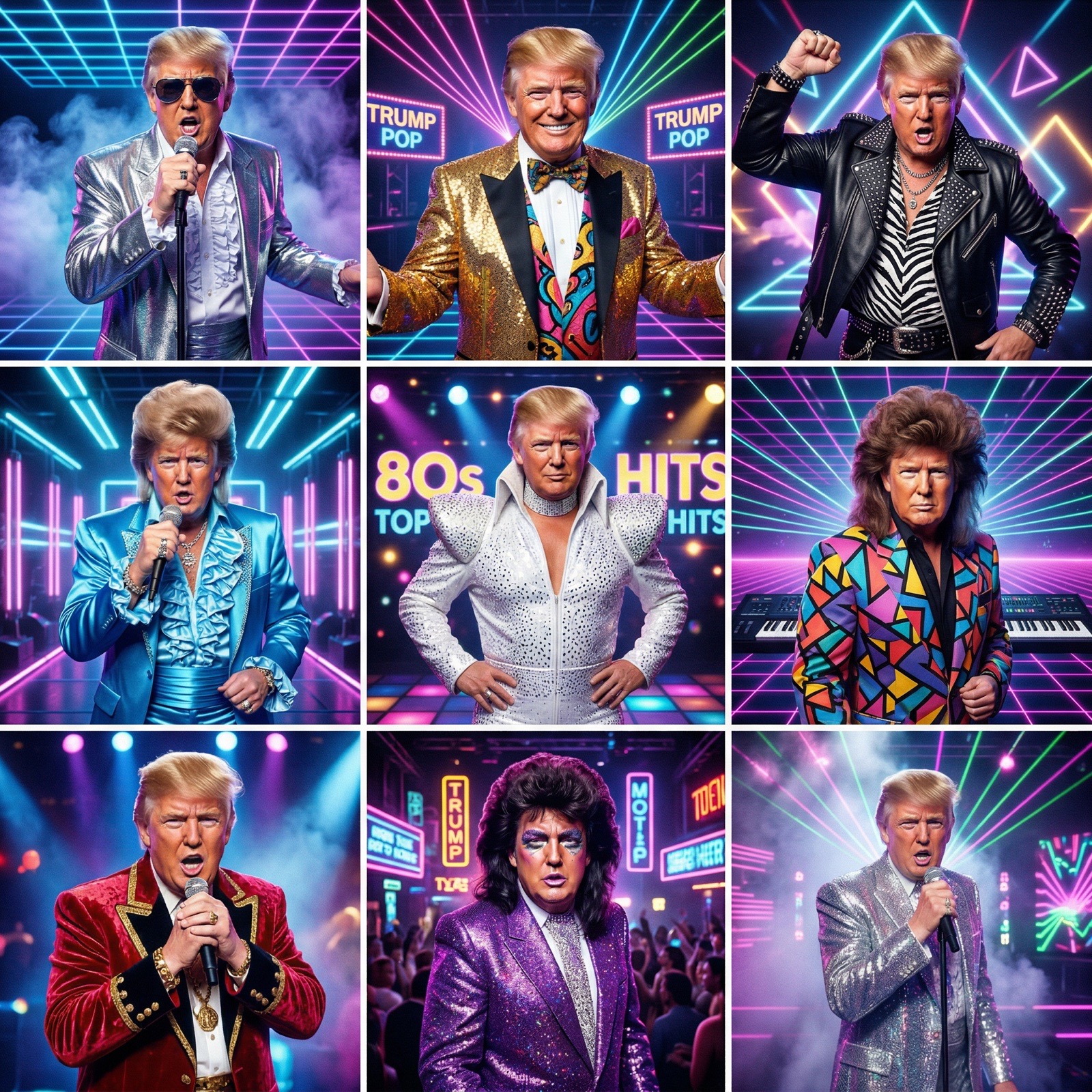 Nano Banana Pro 3×3 grid of Trump variants, synth-pop style, April 12, 2026